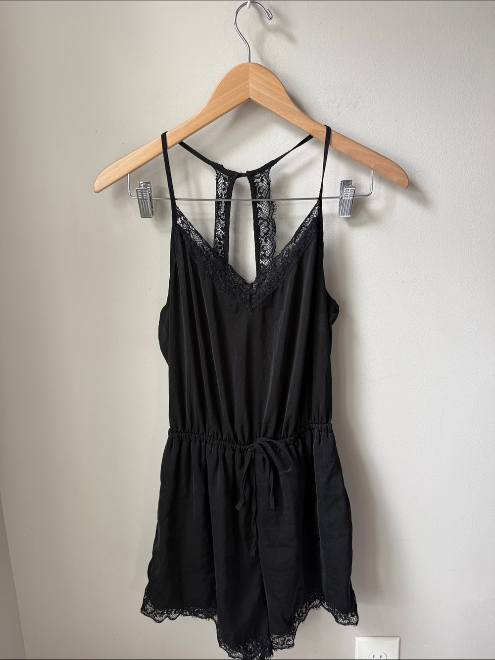 Hollister Black Lace Trim Satin Romper Racerback Sleepwear Lounge Rompe